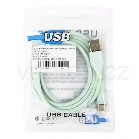 Silicagel datový a nabíjecí kabel 66W USB-A > USB-C (1m) tyrkys